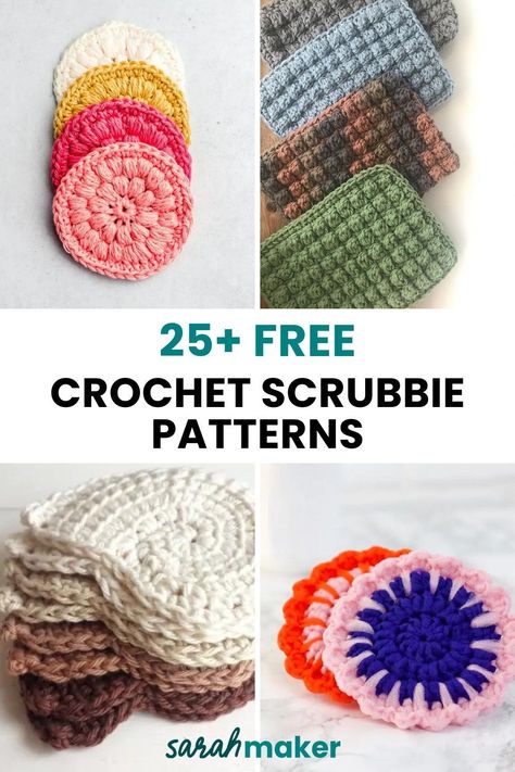 Crochet scrubbies are so fun and quick to make, AND they pack a punch when it comes to creating a more eco-friendly kitchen or bathroom. Check out this list of free crochet scrubbie patterns, and find your next crochet project. Knit Scrubbies Free Pattern, Knitting Scrubbies Free Pattern, Crochet Face Scrubbies Pattern Free, Diy Crochet Face Scrubbies, Scrubby Yarn Patterns, Scrubby Yarn Crochet Patterns, Scrubby Yarn Crochet, Crochet Scrubby, Scrubbies Crochet Pattern