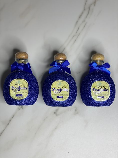 Mini Patron Bottles Glitter, Blue Liquor Bottles, Mini Don Julio Bottles, Don Julio Bottle Decorated For Men, Don Julio Bottle Decorated, Decorated Bottles Ideas, Don Julio Bottle, Diy Alcohol Gifts, Blinged Bottles