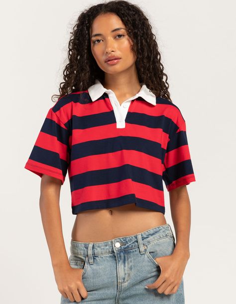 Rsq Stripe Crop Polo Shirt. Allover Stripe Print. Button Front Placket. Collared Neckline. Boxy And Cropped Fit. 95% Cotton, 5% Spandex. Hand Wash. Imported. Model Is Wearing A Size Small. Model Measurements:height: 5'6" Bust: 30"waist: 25.5"hips: 36.5" 90s Crop Top Outfit, 90s Tops Women, Cropped Polo Shirt Outfit, Crop Polo Shirt, Billie Concert, Baggy Track Pants, Cropped Polo Shirt, Polo Shirt Outfits, Wwe T Shirts