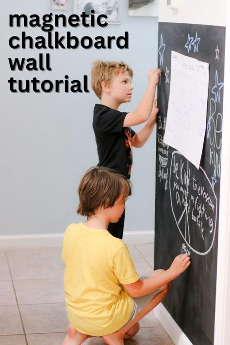 Easy DIY: How to Make a Magnetic Chalkboard Wall - Eat, Drink, and Save Money Magnet Chalkboard Wall, Diy Magnetic Wall, Magnetic Chalkboard Paint, Magnetic Chalkboard Wall, Diy Magnet Board, Magnetic Paint, Chalkboard Decal, Magnetic Chalkboard, Rainy Day Crafts