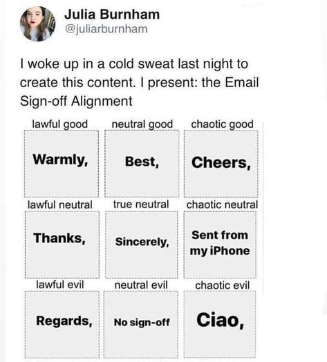 Chao (Ciao in Ecuadorian) is my default. #geeklife Email Sign Offs, Funny Emails, Chaotic Neutral, Email Sign, Geek Life, Never Trust, Work Memes, Sign Off, Wake Me Up