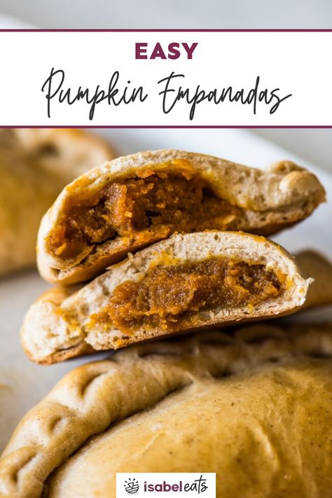 These Easy Pumpkin Empanadas are the perfect handheld fall and winter treat stuffed with a delicious pumpkin filling and wrapped in a sweet and fluffy dough! Just like from your favorite Mexican panaderia, but at home! Mexican Panaderia, Easy Pumpkin Empanadas, Dessert Empanadas Recipe, Sweet Empanadas Recipe, Mini Empanadas, Easy Empanadas Recipe, Pumpkin Empanadas, Empanada Dough, Isabel Eats