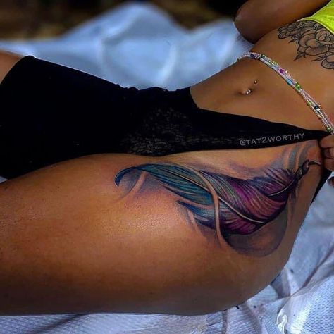 Women Tattoos With Color, Lower Back And Buttock Tattoo, Hip Waist Tattoos Women, Purple Tattoo On Dark Skin, Hip Tattoos Black Women, Cover Up Back Tattoos Female, Name Cover Up Tattoos For Women, Thigh Tattoos Women Black, Boujee Tattoos For Women