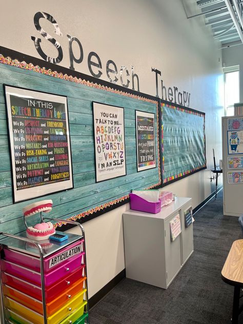 Speech Decorations Room Decor, Speech Therapist Aesthetic, Speech Therapy Aesthetic, Speech Aesthetic, Speech Therapy Bulletin Boards, Slp Aesthetic, Language Classroom Decor, Speech Classroom Decor, Slp Classroom