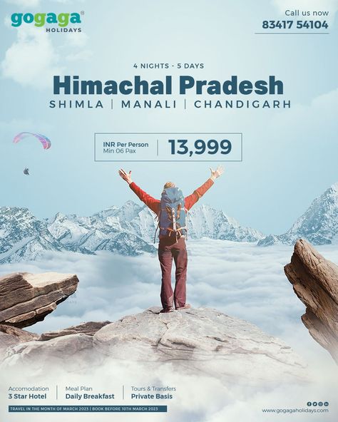 Experience the beauty of Himachal Pradesh.It is the perfect retreat for those who are seeking tranquilly and adventures. Why Choose us : ✅ Secure and safety travel ✅ Travel in a Sanitized environment ✅ 24/7 Tele customer support ✅ Well planned itineraries ✅ A grade Accommodation ✅ 10,000+ Happy customers HURRY UP🥳 For more details give us a miss call 📞 8950 8950 83. Check out for more Packages www.gogagaholidays.com For more packages and details we are just a call away at 📞 83417 54104 Travel Creative Ads, Adi Kailash, Retreat Poster, Miss Call, Travel Advertising Design, Social Media Campaign Design, Tourism Design, Hotel Ads, Why Choose Us