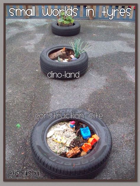 Tyres used as boundary line and small world. Reggio Playground, Tyre Ideas, Eyfs Outdoor Area, Play Stations, Reception Class, Outdoor Play Space, Preschool Garden, Outdoor Learning Spaces, Outdoor Play Spaces