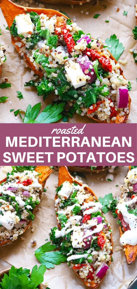 Mediterranean Sweet Potatoes, Fluffy Quinoa, Sautéed Kale, Mediterranean Recipes Healthy, Cucumber Sauce, Mediterranean Diet Recipes Dinners, Creamy Feta, Easy Mediterranean Diet Recipes, Healthier Options