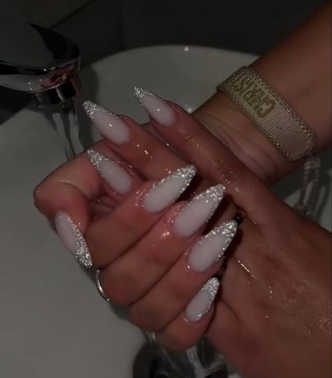 White With Diamonds Acrylic Nails, Glitter White Nails Sparkle, Silver Nails Inspo Prom, Silver Chrome French Tip Nails Almond, Sparkle Nails Aesthetic, Prom Nails Sparkle, Nail Ideas Glitter Sparkle, Milky French Manicure Almond Nails, Prom Silver Nails