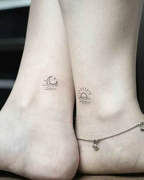 Best Friend Sun Tattoos, Simple And Small Tattoos For Women, Simple Sun And Moon Tattoo Best Friends, Tattoos To Get With Your Guy Best Friend, Sun And Moon Tattoo Small Best Friends, Tattoo Moon And Sun Couple, Small Duo Tattoos, Couple Tattoo Sun And Moon, Moon And Sun Couple Tattoo