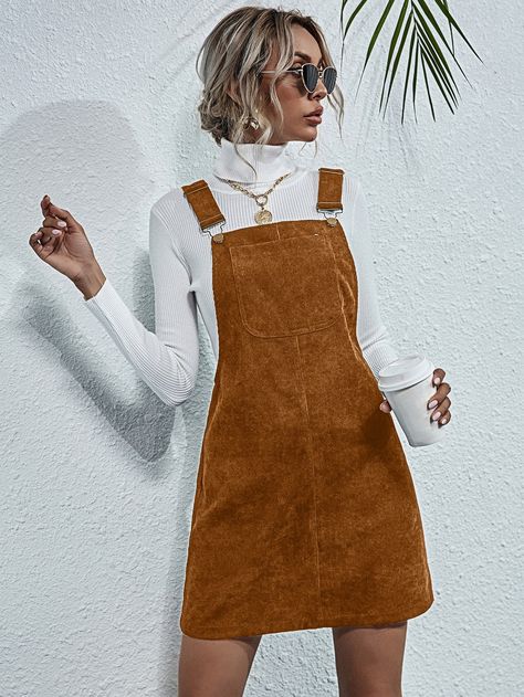 Brown Preppy  Sleeveless Corduroy Plain Pinafore  Non-Stretch Spring/Fall Women Dresses Corduroy Dress Outfit, Corduroy Overall Dress, Overall Skirt, Mini Skirt Dress, Business Formal Dress, Corduroy Dress, Professional Dresses, Pinafore Dress, Mode Inspo