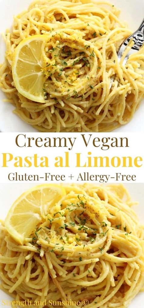 Vegan Pasta al Limone (Gluten-Free, Allergy-Free) | Strength and Sunshine | A classic Italian pasta dish with the creamiest lemon sauce! This Vegan Pasta al Limone recipe is gluten-free, dairy-free, allergy-free, and still so simple and easy to make! This authentic Southern Italian pasta sauce is cheesy, buttery, tangy, super creamy, and comes together in one pan for a quick and delicious meal ready in 10 minutes! Gluten Free Dairy Free Spaghetti, Vegan Gf Pasta Recipes, Gluten Free Dairy Free Baked Ziti, Vegan Lemon Pasta Sauce, Gluten Free Linguine Recipes, Dairy Free Lemon Chicken Pasta, Easy Dairy Free Pasta Sauce, Dairy Free Lemon Pasta, Dairy Free Tomato Free Pasta Sauce