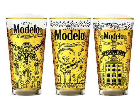 black line illustrated designs for Mexican beer, Modelo full project: https://www.behance.net/gallery/46070787/Limited-Edition-Beer-Glasses Pint Glass Design, Beer Glasses Design, Custom Beer Glass, Beer Modelo, Beer Glass Illustration, Steve Simpson, Unique Beer Glasses, Beer Glass Design, Modelo Beer