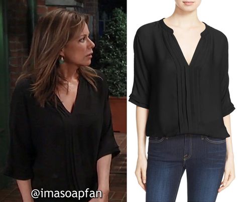 Alexis Davis's Pleated Black Silk Blouse - General Hospital, Season 55, Episode 06/27/17, Nancy Lee Grahn, #GH #GeneralHospital Wardrobe #imasoapfan https://imasoapfan.blogspot.com/2017/07/alexis-daviss-pleated-black-silk-blouse-general-hospital.html Alexis Davis, Black Silk Blouse, Hospital Outfit, Lazy Day Outfits, Lazy Day, General Hospital, Black Silk, Silk Blouse, Hair Ideas