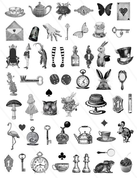 Alice in Wonderland clipart featuring watercolor illustrations of the Mad Hatter, tea party, and key. Perfect for your DIY projects! #aliceinwonderland #clipart #watercolor #madhatter . #Alice_In_Wonderland_Tiny_Tattoo #Key_Alice_In_Wonderland #Vintage_Alice_In_Wonderland_Tattoo #Alice_In_Wonderland_Key_Tattoo Mad Hatter Tattoo, Key Illustration, Alice In Wonderland Clipart, Alice And Wonderland Tattoos, Alice In Wonderland Vintage, Alice In Wonderland Drawings, Eat Me Drink Me, Tattoo Old School, Wonderland Tattoo