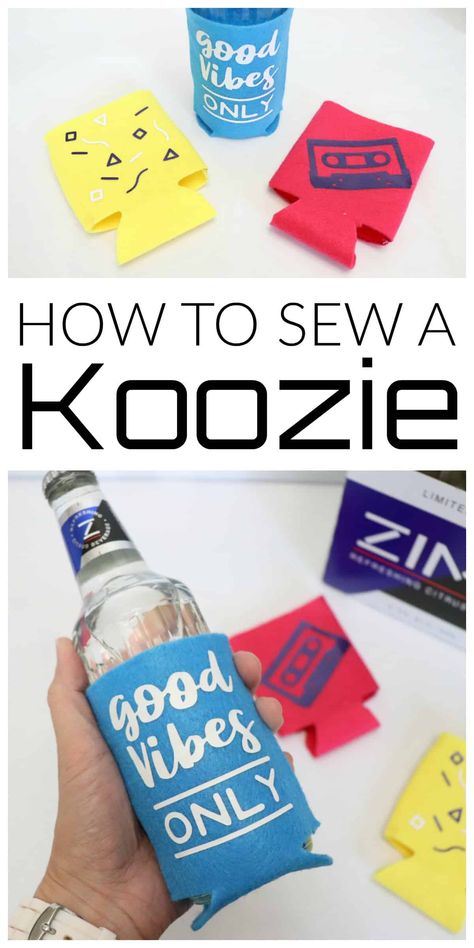 How to Sew a Koozie with a 90's Look - Creative Ramblings Can Koozie Pattern, Koozie Pattern, Koozie Ideas, Upcycle Crafts, Tote Bag Pattern Free, Diy Baby Headbands, Rv Trip, Colorful Drinks, Wood Wall Art Diy