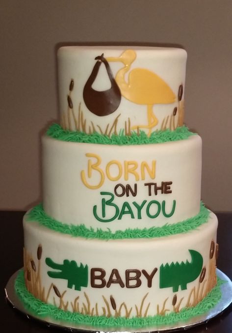 Born on the Bayou. Baby shower cake Swamp Birthday Cake, Born On The Bayou Party, Alligator Baby Shower Ideas, Cajun Baby Shower Ideas, Louisiana Baby Shower Ideas, Bayou Baby Shower Ideas, Bayou Party, Alligator Cake, Born On The Bayou