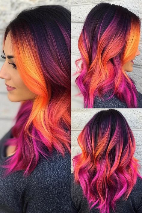 hair transformation, hair dye, hair styles Creative Color Hair Inspiration, Vibrant Color Hair, Vivid Fall Hair Color Ideas, Root Hair Dye, Natural Roots Colorful Hair, Vivid Color On Curly Hair, Purple Hair Dye Ideas, Ginger And Purple Hair, Orange Roots Purple Hair