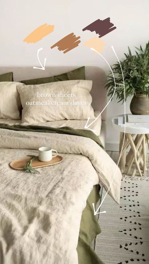 Sage And Brown Bedroom Ideas, Tan And Sage Bedding, Earth Tones Apartment Aesthetic, Room Ideas Green Comforter, Earthy Tones Bedroom Minimalist, Olive Bedroom Aesthetic, Bed Color Scheme Ideas, Sheet Colors Bedroom, Sage Green And Tan Bedroom Aesthetic