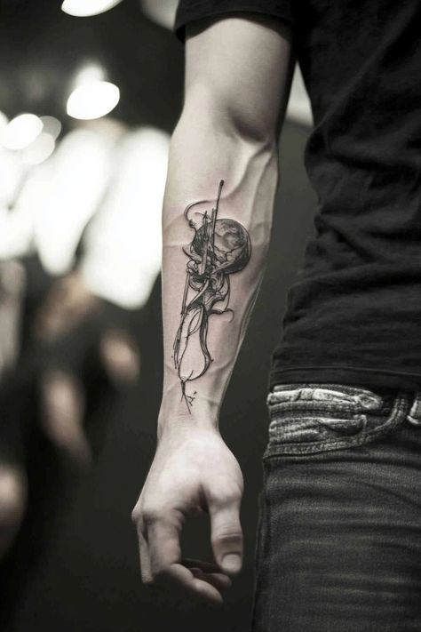 Forearm tattoo of a violin with intricate details. Adventure Tattoo Ideas, Coolest Small Tattoos, Tiny Skull Tattoos, Dumbbell Tattoo, Small Compass Tattoo, Tiny Designs, Small Tattoos For Men, Puzzle Piece Tattoo, Sailboat Tattoo