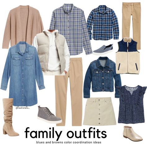 White Blue Brown Family Photos, Navy Blue And Cream Outfit, Navy Blue Family Pictures Outfits, Family Photos Denim, Blue And Khaki Outfit, Outfits For Family Photos, Clothing Palette, 75 Birthday, Portrait Outfits