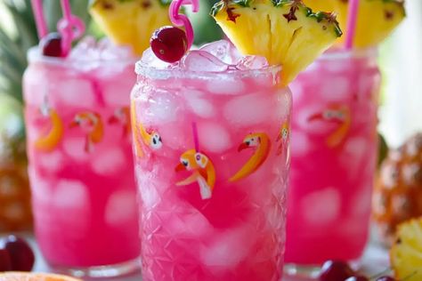 Pink Flamingo Punch Recipe - A Vibrant Tropical Party Drink Pink Lady Punch, Pink Alcohol Punch, Pink Punch Recipe Non Alcoholic, Pink Punch Recipes, Pink Flamingo Birthday, Pink Drink Recipes, Alcoholic Punch, Flamingo Birthday Party, Jungle Juice