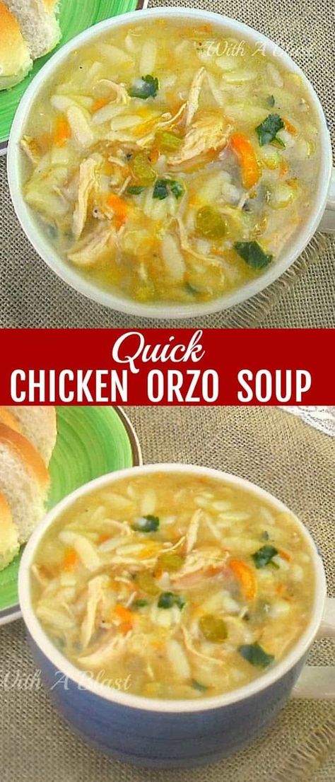 Delicious, thick, filling and warming Quick Chicken Orzo Soup ~ comfort food in a flash ! #Soup #ChickenSoup #OrzoSoup #ChickenRecipes #QuickSoupRecipes #EasySoupRecipes #PastaSoupRecipes Chicken Risotto Soup, Homemade Chicken Orzo Soup, Orzo In Chicken Broth, Healthy Chicken Orzo Soup, Creamy Parmesan Orzo With Chicken, Slow Cooker Chicken Orzo Soup, Soup Recipes With Orzo, Greek Chicken Orzo Soup, Chicken Noodle Soup With Orzo