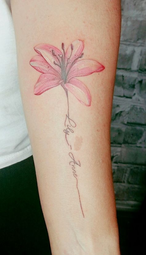 Lily Tattoo Design Color, Stargazer Lily Tattoo Color, Pink Lily Tattoo, Lily Tattoo Color, Watercolor Lily Tattoo, Lily Flower Tattoo Designs, Small Lily Tattoo, Wrist Tats, Lily Flower Tattoo