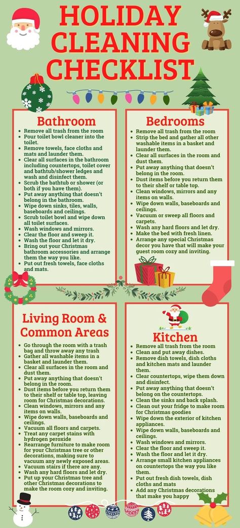 Pin title reads "Christmas cleaning checklist" with a complete Christmas cleaning list for your Holiday cleaning and organizing. Graphics show Santa, a reindeer, ornaments, gifts, stockings, snowman, bells, and a Christmas tree Christmas Cleaning Checklist, Holiday Cleaning Checklist, Cleaning Calendar, Easy House Cleaning, Christmas Checklist, Christmas Cleaning, Holiday Cleaning, Cleaning And Organizing, Fall Cleaning