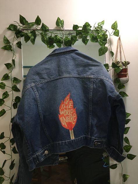 Denim Jacket Drawing, Painted Jeans Jacket, Jean Jacket Painted, Denim Painting, Set The World On Fire, Dark Blue Denim Jacket, Jacket Drawing, Handmade Aesthetic, Diy Denim Jacket