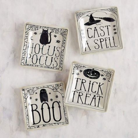 It's eerie how wickedly whimsical, magically practical, yet spellbindingly affordable our set of four shatter-resistant melamine appetizer plates are. Because your Halloween party guests will need a place to put their eyeball cake pops and almond cookie witch's fingers, right? Halloween Plates Diy, Halloween Appetizer, Halloween Plates, Appetizer Plates Set, Appetizer Plate, Halloween Pins, Fall Decoration, Halloween Party Supplies, Diy Activities