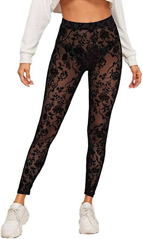 SweatyRocks Women's Floral Sheer Mesh Leggings Stretchy High Waist Pants at Amazon Women’s Clothing store Maneskin Concert, Sheer Leggings, Metallic Pants, Concert Outfits, Bodysuit Top, Punk Rock Fashion, Mesh Leggings, High Waist Pants, M F