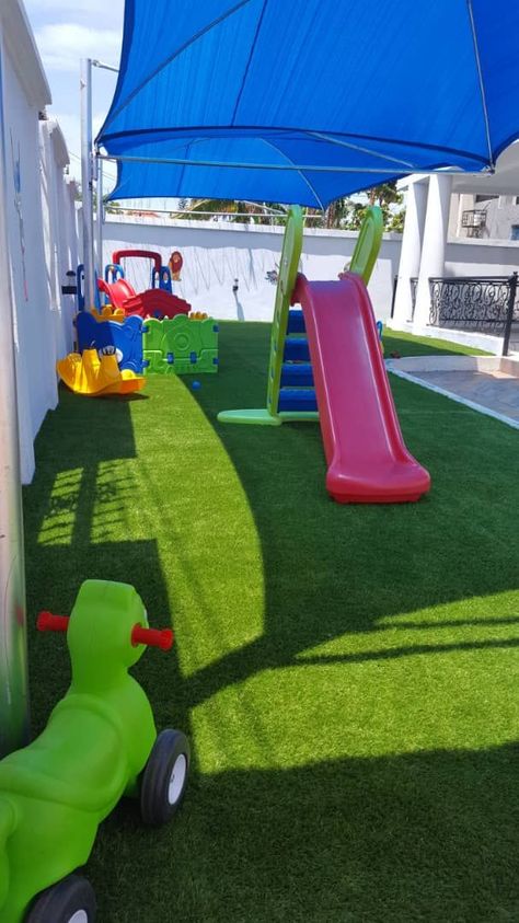 kids play ground outdoors ideas Artificial Grass Play Area, Playhouse Ideas Outdoor, Creche Design, Kids Playhouse Ideas, Tyre Garden, Kids Garden Play Area, Old Tyres, Daycare Room Design, Daycare Playground