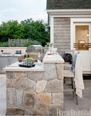 An outdoor kitchen in Nantucket. Outdoor Kitchen Countertops, Grill Area, Outdoor Living Rooms, Outdoor Bbq, Bar Counter, Outdoor Kitchen Design, Outdoor Grill, Outdoor Bar, Outdoor Rooms