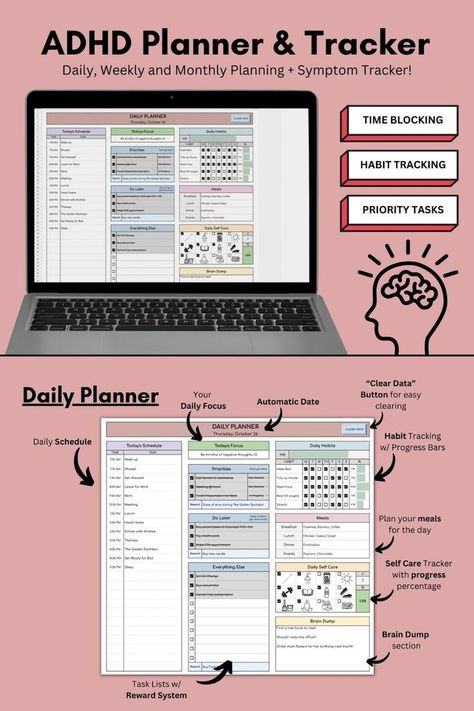 ADHD Planner & Tracker: Stay Organized and On Track with This Customizable Google Sheets Template weeklylog #ultimatedigitalplanner #freeplanners #freedailyplannerprintable. Study Planner Printable Free, Planner Weekly Layout, Monthly Tasks, Notion Inspo, Daily Schedule Planner, Study Planner Printable, Symptom Tracker, Planner Tabs, Monthly Planning