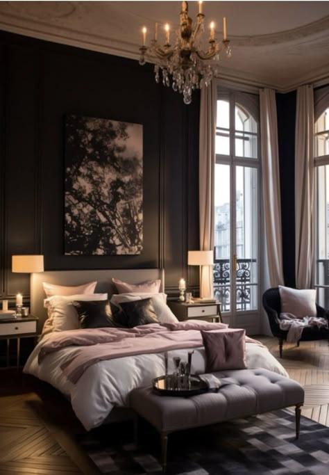 Ritz Bedroom, Feminine Bedroom Aesthetic, Modern Feminine Bedroom, Feminine Bedrooms, Dark Room Aesthetic, Feminine Bedroom Ideas, Dark Romantic Bedroom, Moody House, Bedroom Decor Romantic