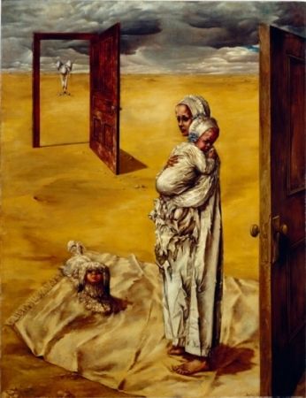 Dorothea Tanning, Maternity  1946-47  Oil on canvas  56 x 48 in. Dorothea Tanning, Women Artist, Tanning Skin Care, Dog Artist, Textile Sculpture, Max Ernst, Fantastic Art, Surreal Art, Banksy