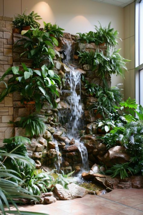 Water Body Inside House, Easy Outdoor Projects, Indoor Waterfall Fountain, Backyard Deck Ideas, Indoor Plants Decor, Creative Backyard, Indoor Water Features, Indoor Water Garden, Diy Garden Fountains