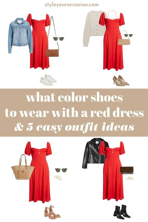 Ever wondered what color shoes to wear with a red dress? Find out which colors work best and get classy outfit ideas that combine a red dress (short, midi, or long) with sneakers, sandals, high heels, boots, and more! Short Red Dress Outfit, Red Dress Chic, Red Dress Outfit Casual, Modern Outfit Ideas, Colour Shoes, Red Dress Shoes, Red Dress Accessories, Red Dress Casual, Dress Shorts Outfit