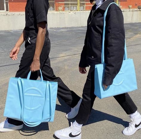 Telfar Aesthetic, Blue Telfar Bag, Telfar Bags, Telfar Bag, Clothing Aesthetic, Blue Pool, Material Girl, Magazine Ads, Style Change