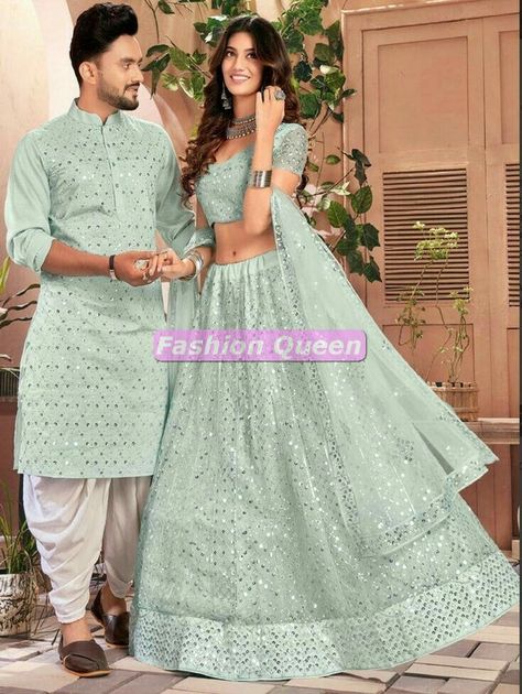 Couple Dress Matching, Women Lehenga Choli, Blue Color Lehenga, Engagement Couple Dress, Engagement Dress For Groom, Wedding Matching Outfits, Latest Lehenga Designs, Engagement Dress For Bride, Net Lehenga Choli