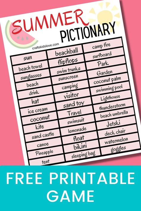 Print your own Summer Pictionary game! Free printable pictionary words with summer theme to play with family and friends, indoors or out! Pictionary Ideas, Pictionary Word List, Pictionary Words, June Activities, Summer Learning, Creative Games, Summer Theme, Summer Activities For Kids, Word List