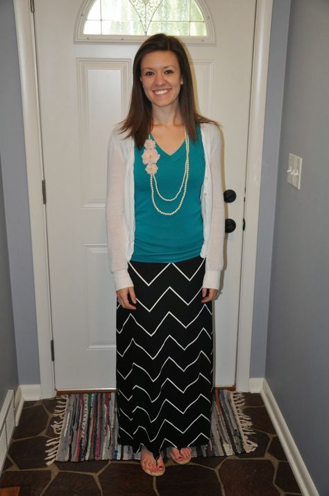 Chevron and Teal Chevron Skirt, Long Skirts, Floral Necklace, White Cardigan, Grad Parties, Long Skirt, The Weekend, Spring Outfits, Maxi Skirt