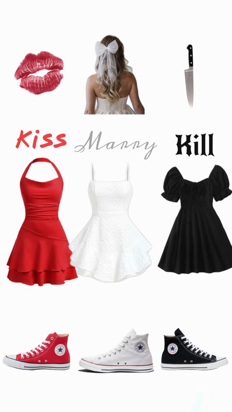 Matching Halloween Outfits Best Friend, Halloween Costume For 6, Kiss Mary Kill Costume Trio, Costume Halloween Bff, Mini Skirt Halloween Costume, Diy Halloween Outfits, Halloween Costume Male, Matching Outfits Halloween, Halloween Matching Costumes