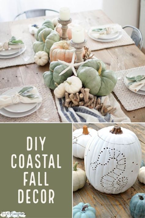 Front Door Coastal, Coastal Fall Decor Ideas, Coastal Fall Decor, Unique Fall Decor, Beachy Furniture, Fall Dining Room Decor, Farmhouse Coastal Decor, Coastal Chic Decor, Coastal Diy