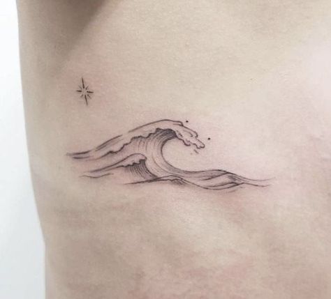 Tsunami Wave Tattoo, Wave Tattoo Detailed, Dainty Water Tattoos, Waves Tattoos For Women, Rib Wave Tattoo, Tattoo Sea Waves, Realistic Wave Tattoo, Ocean Wave Tattoos For Women, Water Ripple Tattoo