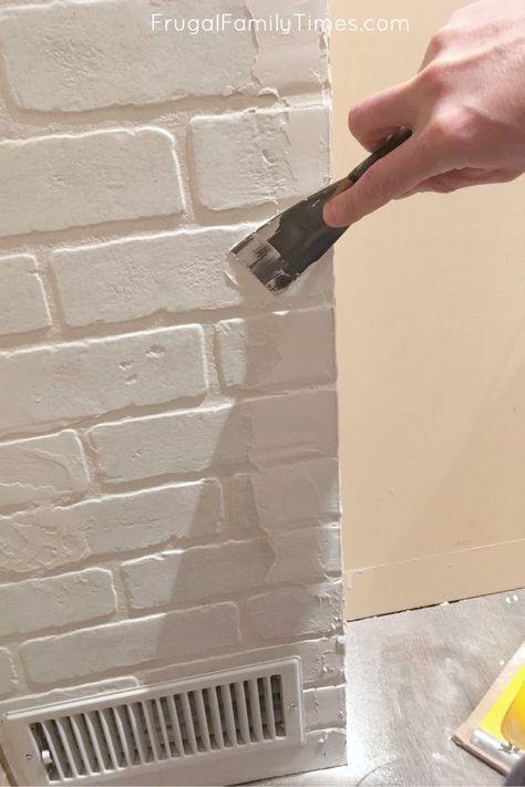 How To Paint Faux Brick Wall, How To Make A Brick Wall, Peel And Stick White Brick Backsplash, Painted Brick Paneling, Brick Paneling Ideas Accent Walls, Fake Brick Fireplace, Painting Faux Brick, Painted Faux Brick Wall, Faux Brick Paneling