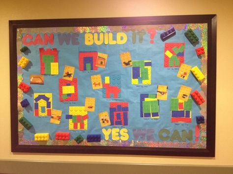 Building Unit bulletin board with Legos theme. Building Bulletin Board Ideas Preschool, Building Bulletin Board Ideas, Preschool Building Theme, Teaching Strategies Creative Curriculum, Lego Classroom Theme, Block Center Preschool, Preschool Building, Lego Classroom, Preschool Vibes