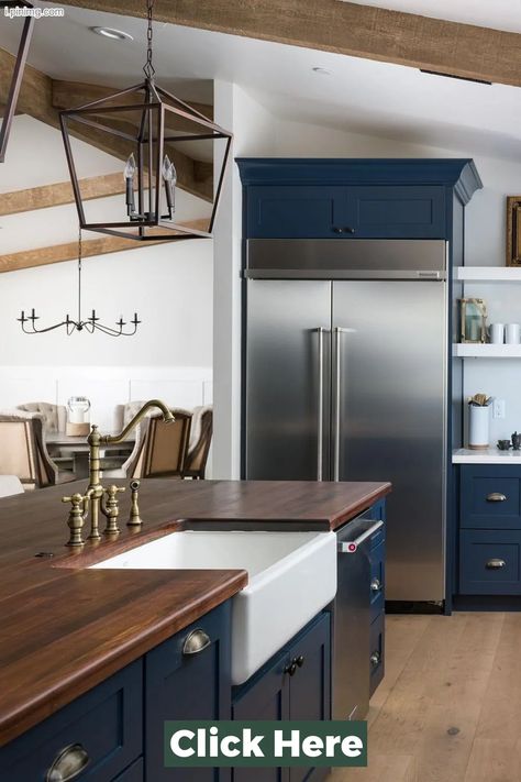 Top 40 Navy Blue Kitchen Ideas Blue Cabinets With Butcher Block, Navy Kitchen Cabinets, Antique Kitchen Island, Navy Blue Kitchen Cabinets, Navy Cabinets, Navy Blue Kitchen, Navy Kitchen, Cozy Cabins, Kabinet Dapur