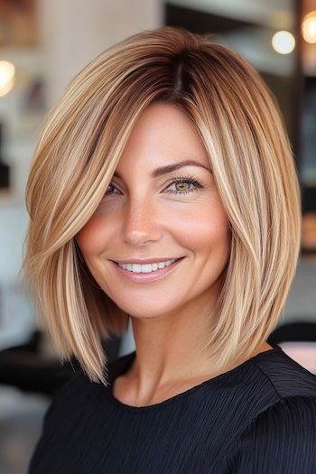 Save this pin for the best fall hair color ideas. A chic long bob (lob) in a warm honey-blonde hue creates a golden glow that's ideal for the fall season. A deep side part adds volume and adds to the sleek style. Golden Blonde Lob Hair, Blonde For Fall Hair Colors, Straight Short Hair With Highlights, Honey Blonde Bob Hair, Blonde Bob Hairstyles Fine Hair Over 40, Fall Bobs 2024, Long Bob With Money Piece, Blonde Hair Color Ideas For Fall Caramel Carmel Highlights, Lob Haircut With Bangs Fine Hair