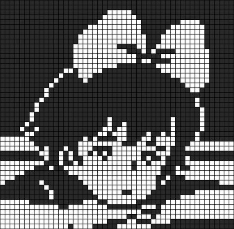 Kiki's Delivery Service Pixel Art, Crochet Alpha Pattern Studio Ghibli, Ghibli Crochet Tapestry, Ghibli Tapestry Crochet, Anime Crochet Grid, Nana Alpha Pattern, Studio Ghibli Grid Pattern, Howls Moving Castle Alpha Pattern, Black And White Tapestry Crochet